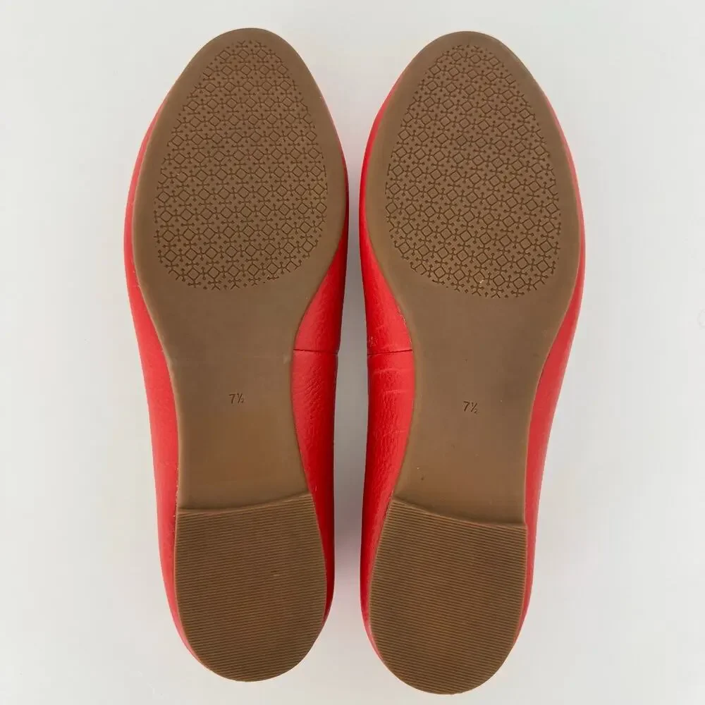 Tory Burch Claire Ballet Flats Round-Toe Brilliant Red Tumbled Leather 7.5M